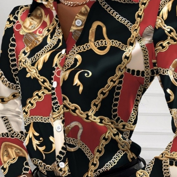 Classy Chain Print Long Sleeve Button Up Blouse - Picture 3 of 4